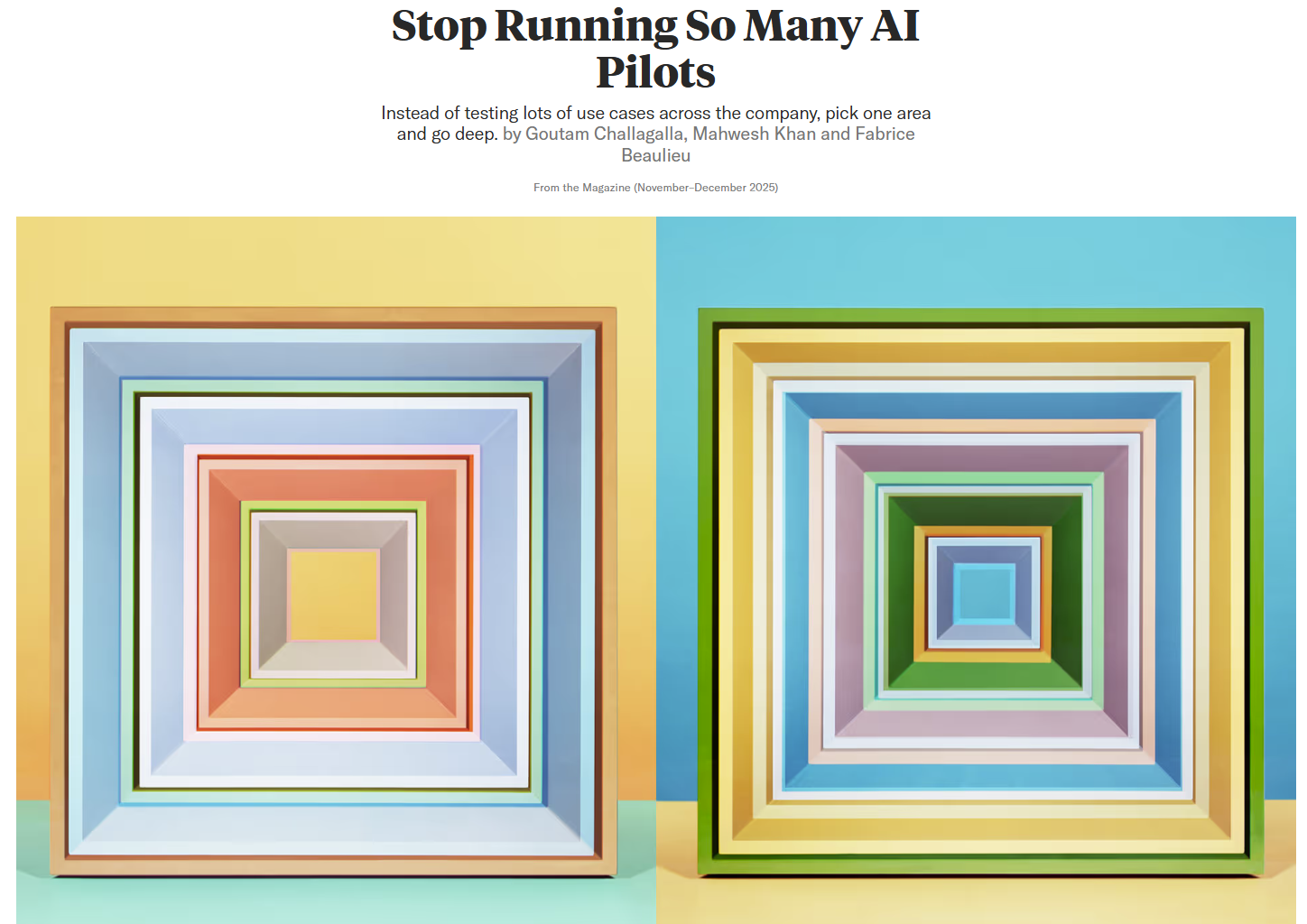 HBR article image about stopping too many AI pilots